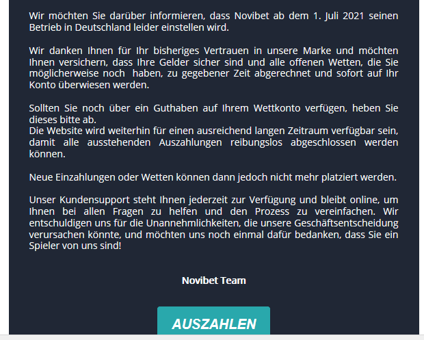 Novibet stellt Betrieb zum 1.7.2021 ein